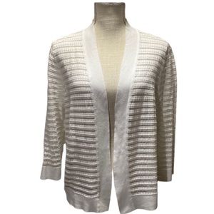 ANNE KLEIN White Stripe Mesh and Cotton Flyaway Front Cardigan